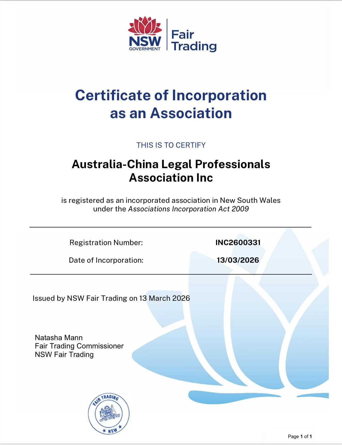 NSW Fair Trading Certificate of Incorporation